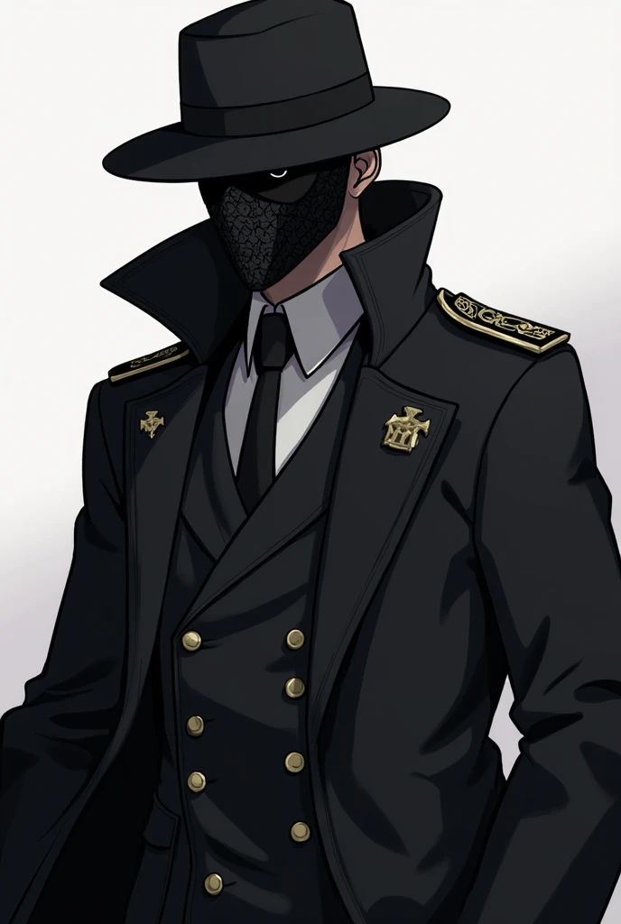 Anime character in a heavy gear trench coat and suit, wearing a black fedora, black gloves and his face being completely blank-black but eyes blank white and has no mouth, has general-like vibe and army metals, wears a crow mask.