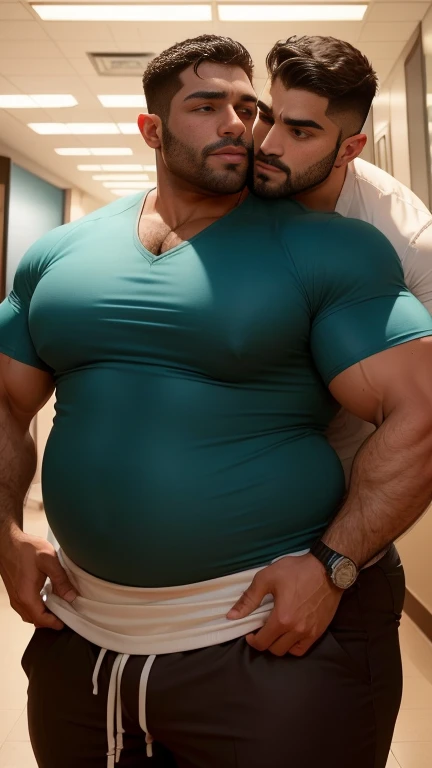 Indian latino gay couple doing mouth to mouth kissing in medical office, plump muscular men, chubby muscular attractive men, one man is overweight, male art, gay, overweight obese weightlifter body, chubby body, big belly muscle, soft undefined abdominals,...