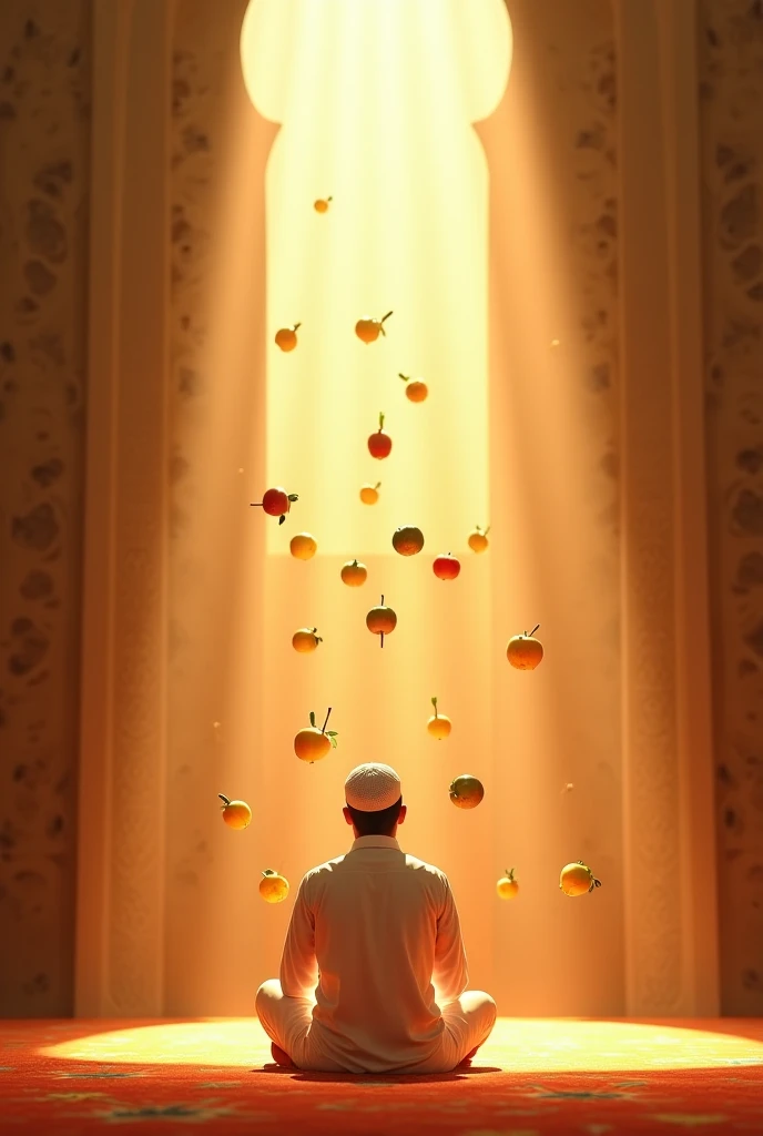 "A devoted Muslim man is praying Salah inside a peaceful mosque, dressed in traditional white Islamic attire. As he completes his prayer, a divine light shines upon him, and suddenly, fruits start appearing around him as a symbol of blessings and rewards f...