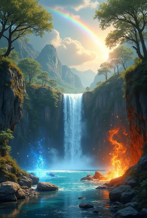  Creation of an image that represents the four natural elements : water, fire,  Earth and Air .

 Detailed Description :
The scene is magical and mystical ,  set in an exuberant natural setting .  at the city centre,  there is a powerful manifestation of t...