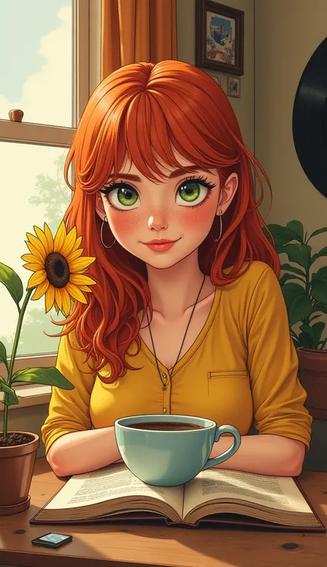  illustrated cover for a drawn book that is not realistic cartoon.  Girl in her 20s with hair up to her chest is a light redhead, with not so light green eyes and freckles . Have a large cup of black coffee with a painted sunflower.  a window through which...