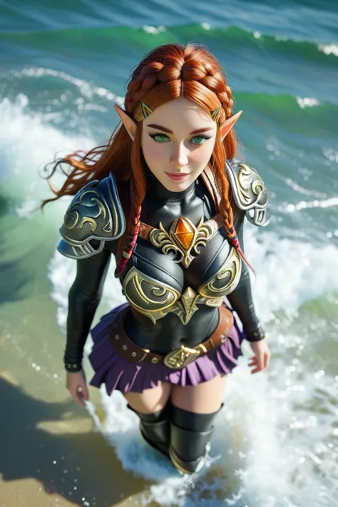 princess zelda, photoreaistic, fit, fair skin, (((long auburn hair))), green eyes, black eyeliner, (((perfect breasts))), pointy ears. Wearing (((black leather armor bodysuit)))((black thigh high boots))(((purple skirt))). Surfing on a wave. Wearing glowin...