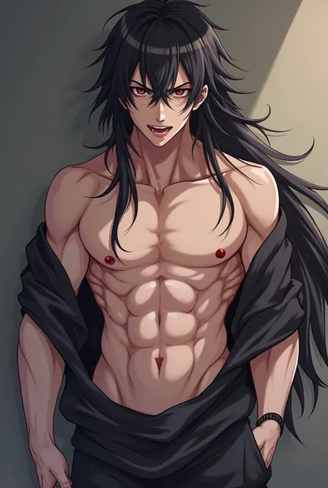 An anime character with long hair and a sexy athletic body wearing clothes 
Black shows the details of his body and his face shows deviant expressions while his tongue sticks out and his erect penis appears to stand out from under his thin clothes