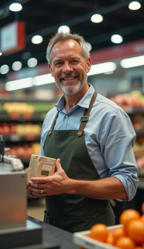 Supermarket cashier man holding a product with a barcode showing