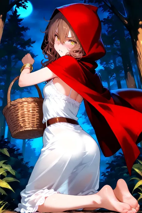 in the middle of the forest, night, \(1girl, solo, petite body, small breasts, long brown hair, wavy hair, hair between the eyes, messy hair, white nightgown, red hooded cape, sharp eyes, bangles, belt, yellow eyes, barefoot\), \ ((dynamic pose: 1.3)), hol...