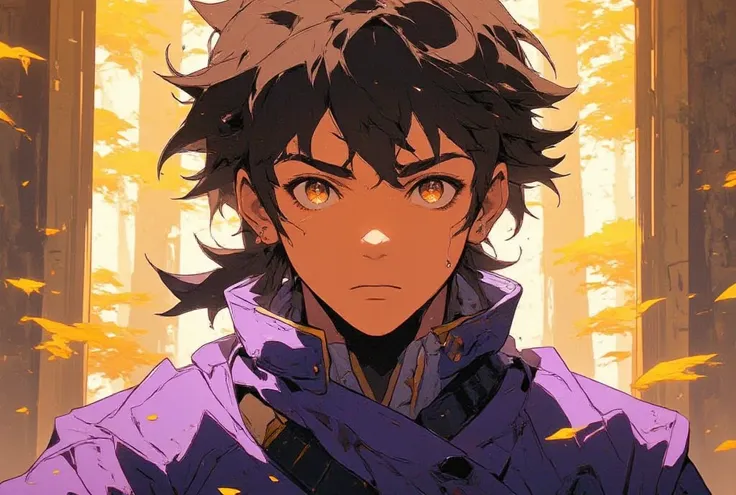 A close-up of the protagonist’s face A young boy (the protagonist, now ) His simple purple robe flutters as golden sunlight shines through the trees, creating a donghua-style  moment that is both visually and cinematically stunning. his eyes filled with a ...