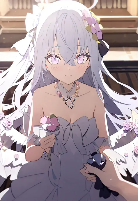 azusa (blue archive), 1girl alternate_costume angel_wings bare_shoulders blush bouquet breasts bridal_veil bride cleavage closed_mouth collarbone dress feathered_wings flower hair_between_eyes halo holding holding_bouquet jewelry long_hair looking_at_viewe...