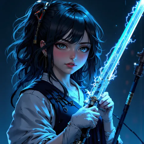 A cute, youthful woman with black hair holding a sleek, futuristic sword, in a blue-themed, dark, and cool style, designed for a profile picture. She has a Japanese-inspired look with a cybernetic, high-tech twist, blending human and robotic elements. She ...