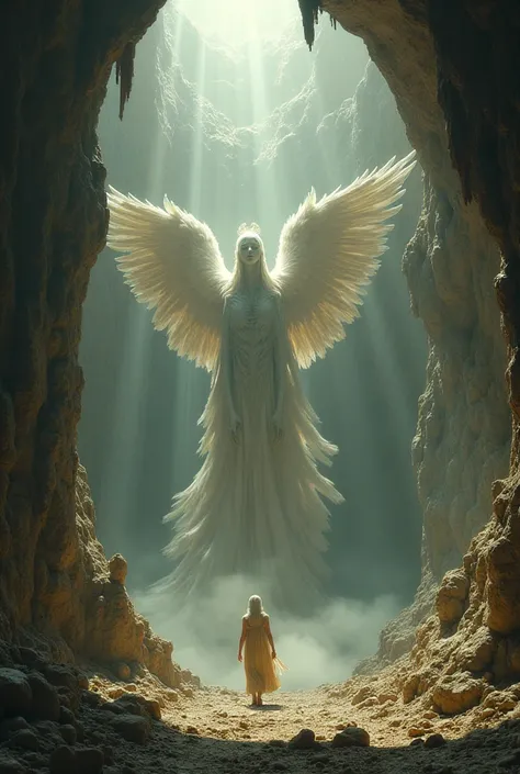 Create a series of horizontal images where a large celestial humanoid, It rises inside a critical structure such as an abandoned cave. The humanoid has the giant wings of a cherub.