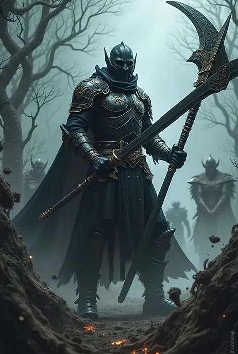 Realistic image of a dark knight elf using a Claymore against monsters 