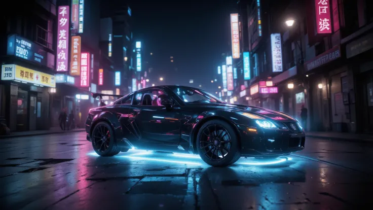 In the world of Warframe, Johanna de Armas emerges as a car form encased in a neon genesis evangelion style  car
 a car , bathed in neon lights that cast dramatic shadows, emphasizing the off-center composition of the scene. The atmosphere is thick with th...