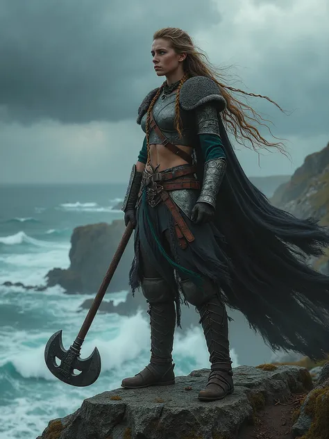 Battle-Ready Warrior**: A fierce and beautiful Viking warrior girl stands confidently on a windswept cliff, her long braids flowing in the wind, and her battle axe gleaming in the sunlight. The sky is dramatic with dark storm clouds, and the sea crashes ag...