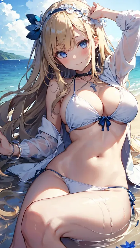 (( girl kawaii)), a extremely delicate and beautiful  girl,  beautifully drawn ,  cute, Digital Sensation, best detailed  girl, Lying in the lake,  wet,  girl,  young, Make your long hair fluffy, Hair with flowers, ( blonde),  cute face, (smile),  complex,...