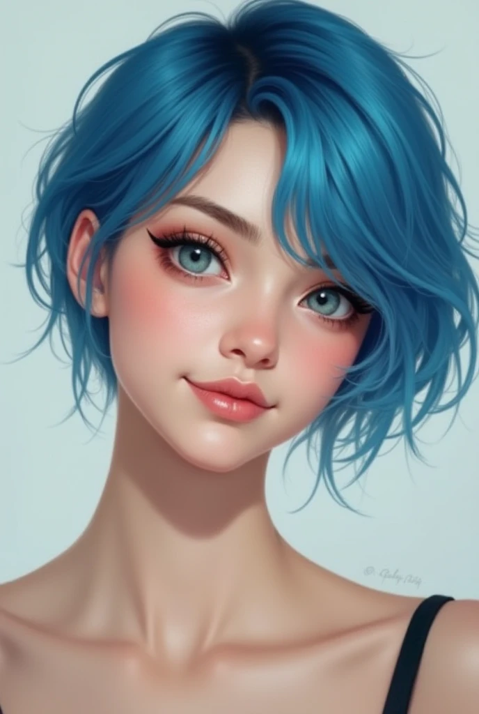 Blue Hair, HD, High Details, Short Hair, Smile, Makeup, Realism, 