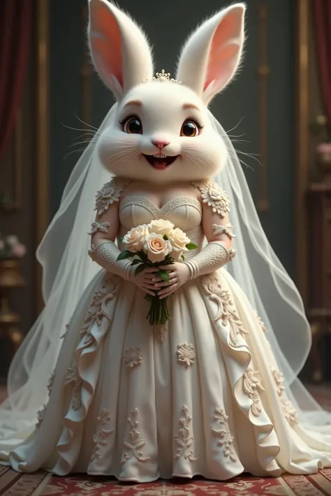 photorealistic portrait of Dressed animals - a ((fat)) baby(hare) bride,,(art by Carne Griffiths),(happy smile:1.5),(furry), high quality,(lovely) ,intricate details, highly detailed (gothic white wedding dress)),wearing opera globes, ,wearing highly detai...