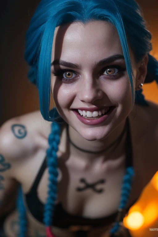 Close-up face. Hyper realistic super detailed Jinx cosplay , ((Young girl, )), Very detailed, (hyper realistic: 1.4), in dynamic pose, (((psycho face, creppy smiling))), twin braids, long hair, blue hair, red eyes, tattooed, ((skinny Body)), ((angry face))...