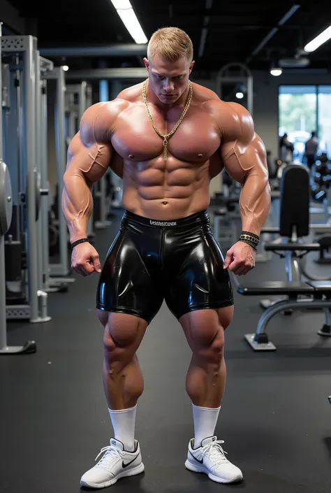 in an extremely well-equipped fitness club, full body photo of an arrogant  Masculine Norwegian shirtless lean gay man with preppy short blonde undercut, blue eyes, thick siliconed inflated big lips flxBimboLips963,  in black latex very tights showing off ...