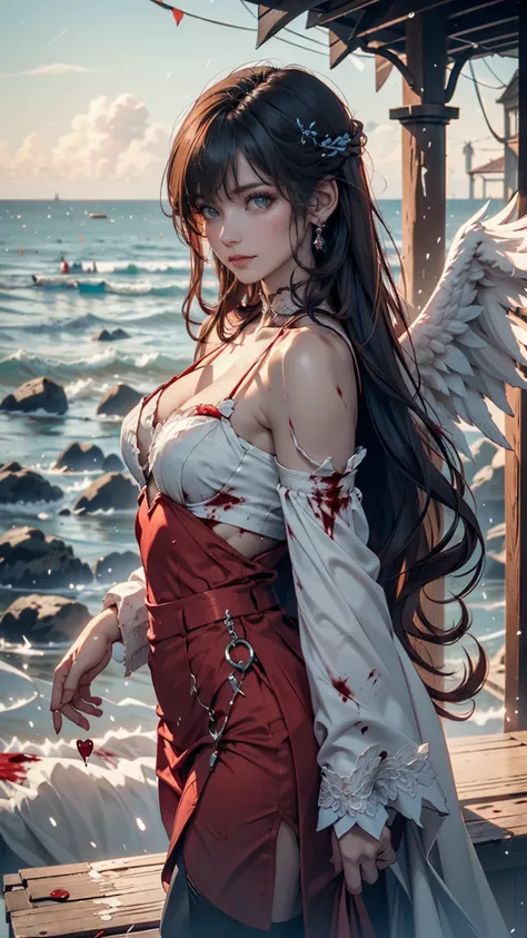 Black and white and blue and red,( top quality,  Super Detail,  high resolution,  Highly detailed CG ), Wide Shot ,  dead angels standing on the edge of a cliff ,  she's so beautiful  ,  she likes blood and the sea,Blood Rain,  mystical ,Fanatic,  complica...