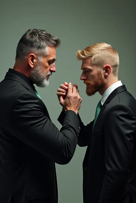 Tall and muscular chino man , mayor,    with slightly gray hair and short beard   ,   dressed in a black suit de dos piezas,   black shirt and light green tie   ,    kissing the hand of a young white blond man with a beard,   dressed in a black suit,   whi...