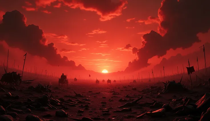 A vast, barren battlefield under a crimson dusk sky. The land is scarred with remnants of war—broken chariots, scattered weapons, and faded banners. The wind carries dust and faint echoes of distant war cries. The atmosphere is somber and haunting.vibrant ...