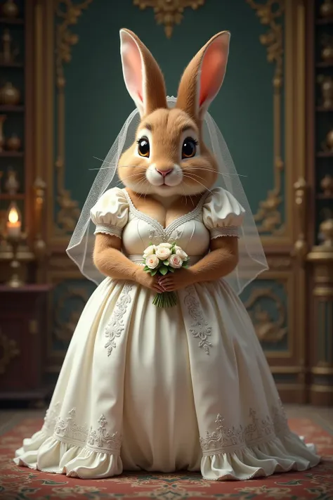 photorealistic portrait of Dressed animals - a ((fat)) baby(peter rabbit) bride,,(art by Carne Griffiths),(happy smile:1.5),(furry), high quality,(lovely) ,intricate details, highly detailed (gothic white wedding dress)),wearing opera globes, ,wearing high...