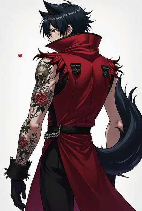   An anime man with 1 ,95 tall,  red eyes, a scar on top of the left eye, big black hair almost touching my knees , Lean and strong,  pale skin,  a tattoo of a rose bush on the entire left arm in the colors black and white,  a pair of black wolf ears on to...