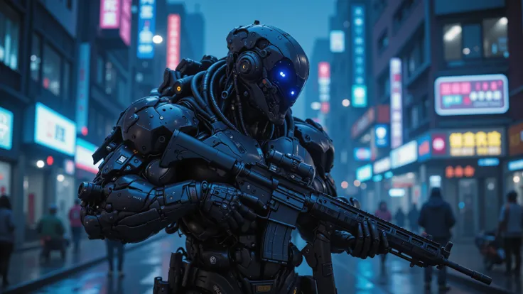 Futuristic Cyberpunk city in the middle of a civil war, Blue tons, obscure, landscape, The streets are wet because it just rained, Lots of neon lights on the storefronts,  in the background of the image a muscular man with an exoskeleton, The exoskeleton ]...