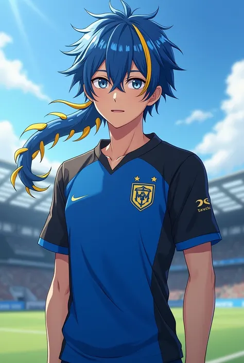 Une image d'e 3 personnage masculin dans un style mi-anime avec des cheveux bleu et jaune long form dragons et la peau brune, avec un maillot à manches courtes tout bleu et noir ¹des dragons ,tamki gakuen ,  Dans un stade de football HD