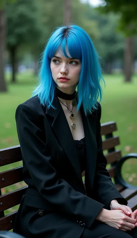 arafed woman with blue hair sitting on a bench In a park ,  sitting on a park bench , sitting on a bench,   sitting on the bench , cor ( sony a 7 r iv,  French girl ,  portrait of Paris , sensual dark style, in the park ,  Gothic vibe , In a park ,  cinema...