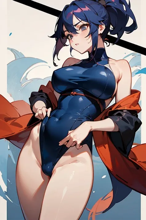 (( top quality)), (( Masterpiece)), (  Details),  one girl、Big Breasts、 Kunoichi、 erections、魅惑の腋、 navy blue swimsuit、Ninja、 ponytail、Dyed cheeks 