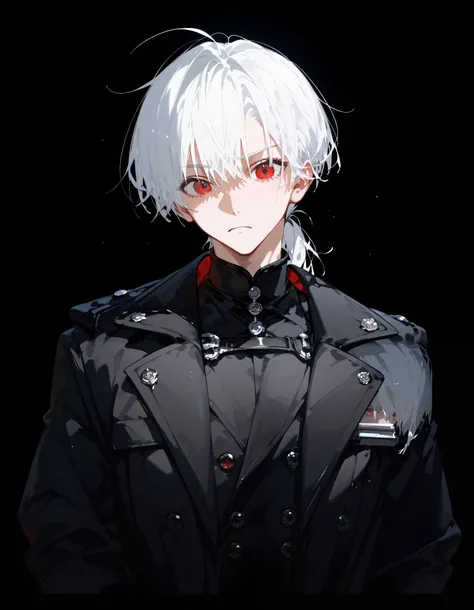 1 person, Alone , men, white hair, short hair , in black eyes,, black background,cool,, red eyes,cool,handsome,Black suit,Coat,funny,, short ponytail ,afraid, Cute,kind,