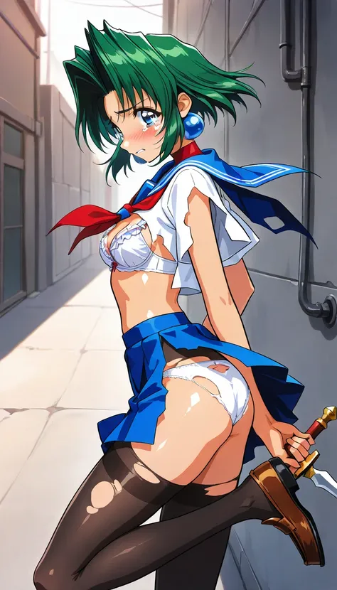 (masterpiece,  BEST QUALITY:1.2),( ultra high resolution),(Ultra-detailed face),(torn clothes 1 :2) 1 girl,Alone,toshinden_Ellis, small breasts,Standing on one leg, open, hold a dagger knife in your right and left hands,Holding a knife with the reverse han...