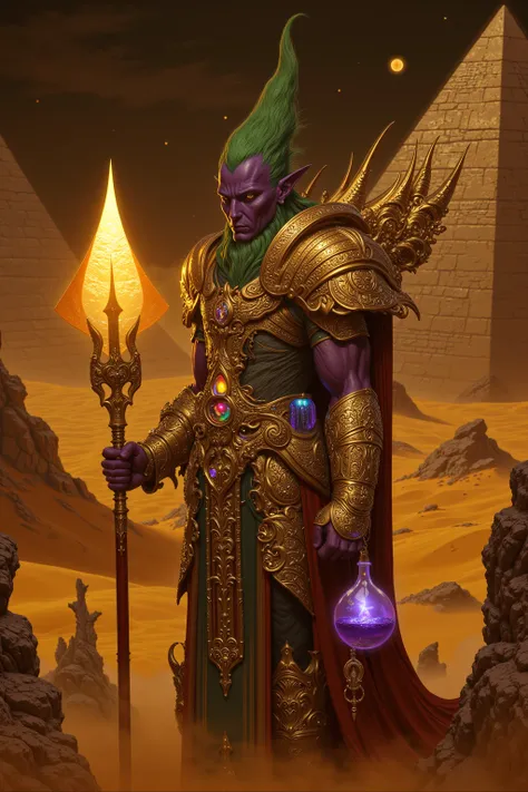 A fantasy warrior standing in a desert setting, with purple skin, glowing green hair, and elf-like features. He is holding an ornate ancient book in one hand and a glowing purple potion in the other. He wears golden armor adorned with intricate carvings, a...