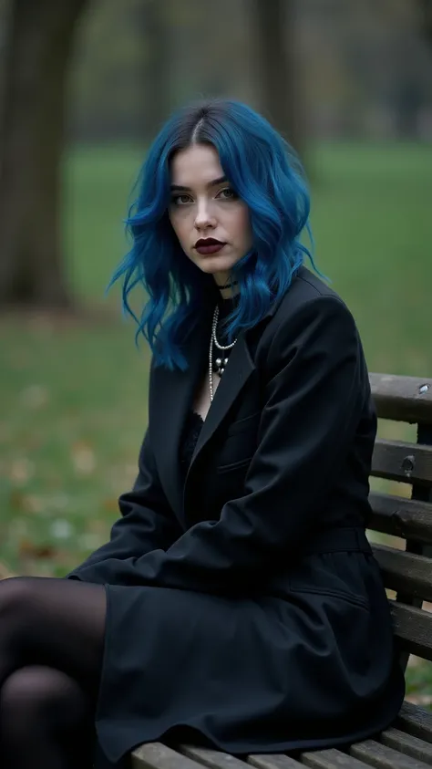 arafed woman with blue hair sitting on a bench In a park ,  sitting on a park bench , sitting on a bench,   sitting on the bench , cor ( sony a 7 r iv,  French girl ,  portrait of Paris , sensual dark style, in the park ,  Gothic vibe , In a park ,  cinema...