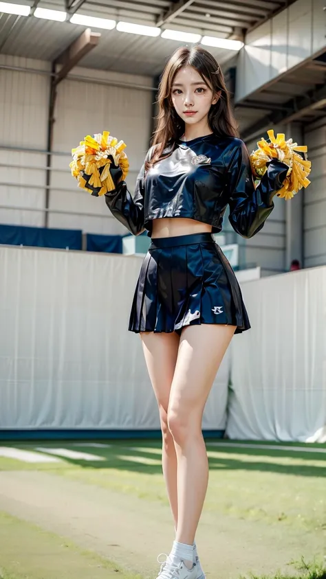 A beautiful young Japanese woman, 20 years old, with perfect anatomy, healthy thighs, beautiful feet, flawless skin, random hair color and style, large bust, (she is standing:1.2), wearing a cheerleader uniform with micro-pleated miniskirt, in a full body ...