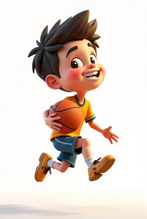  Cartoon 3D plays basketball professionally .   white background.     the style is a highly detailed 3D cartoon illustration aimed at the REN audience.   The characters have soft traits , rounded shapes,  big, expressive eyes, and friendly smiles ,  creati...