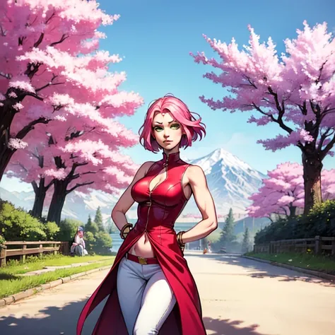 masterpiece, absurdres ,1 ,  haruno Sakura medical room,forehead mark,  red hair ribbon ,  sleeveless red dress,  white pants, navel,   groin,   bracelet,  looking at the viewer ,  arms crossed, Cherry trees, wind, floating hair, 
 pink hair,  short hair, ...