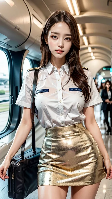 A beautiful, 24-year-old Japanese woman with perfect anatomy, healthy thighs, beautiful legs, beautiful skin, random hair color and style, large breasts, (wearing a flight attendant uniform with a mini-skirt:1.3), (she is standing:1.2), full body shot, pum...