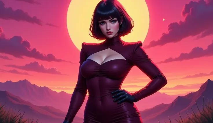 A confident, alluring woman stands against a vivid, otherworldly sunset backdrop. The sky is a gradient of deep pinks and fiery oranges, with a large, glowing full moon at the center. The background is empty, drawing full attention to her and the dramatic ...