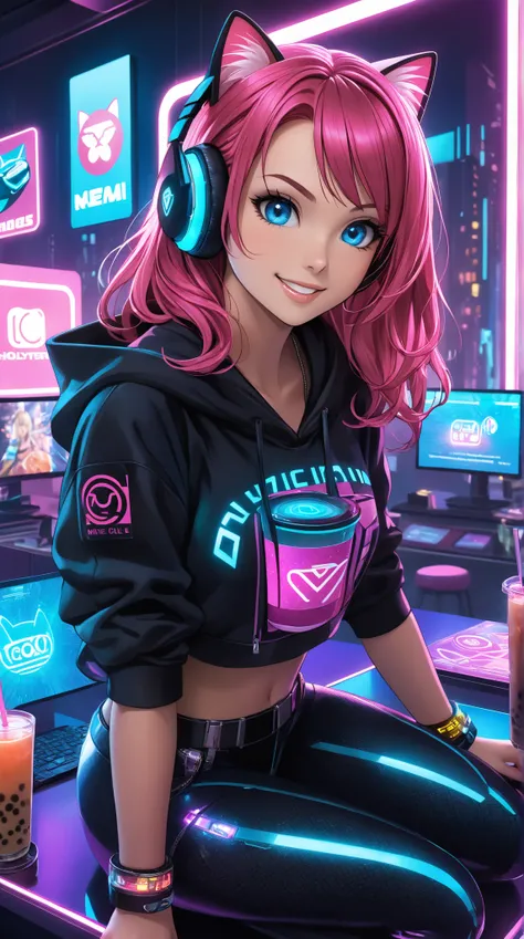 SFW, A young, lively  girl with striking wavy auburn hair and curious deep blue eyes, a fusion of Nami’s playful charm and Nico Robin’s mysterious elegance, sits in front of a futuristic cyberpunk-style holographic livestream setup. She is around , with a ...