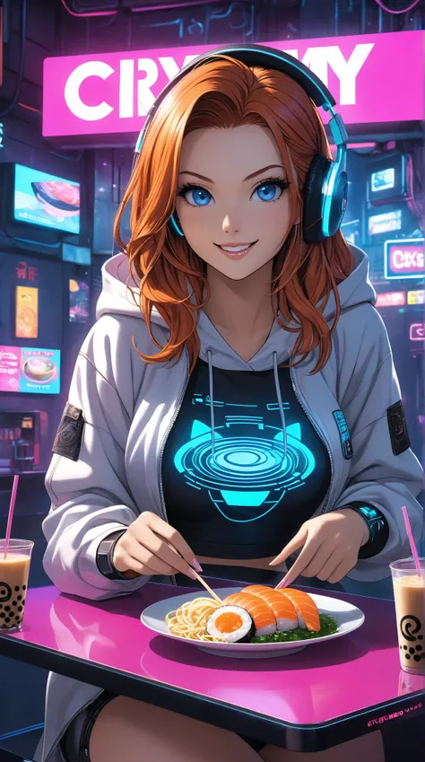 SFW, A young, lively  girl with striking wavy auburn hair and curious deep blue eyes, a fusion of Nami’s playful charm and Nico Robin’s mysterious elegance, sits in front of a futuristic cyberpunk-style holographic livestream setup. She is around , with a ...