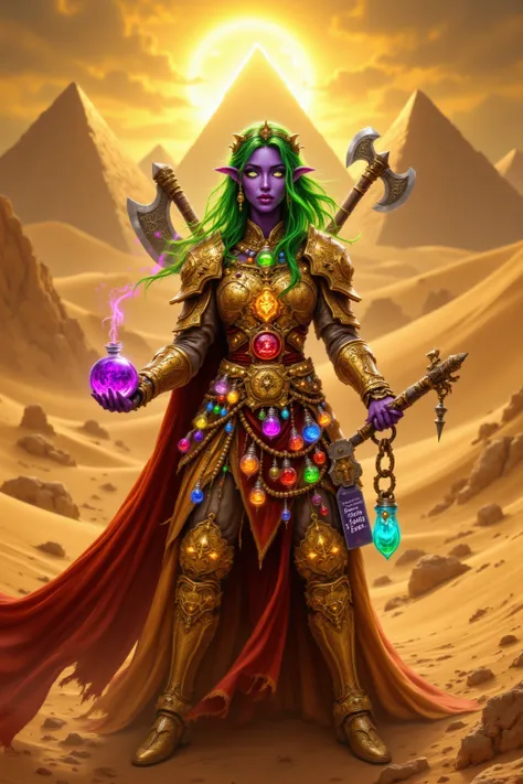 A fantasy warrior standing in a desert setting, with purple skin, glowing green hair, and elf-like features. He is holding an ornate ancient book in one hand and a glowing purple potion in the other. He wears golden armor adorned with intricate carvings, a...