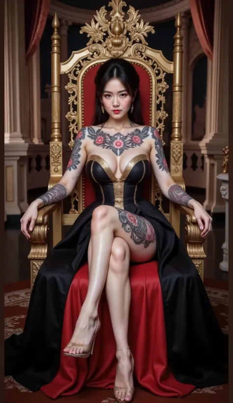 "A regal Asian woman with long black hair, sitting elegantly on an ornate golden throne. She wears a luxurious black and gold gown with a deep neckline, revealing intricate floral and dragon tattoos on her arms, chest, and thighs. Her expression is confide...