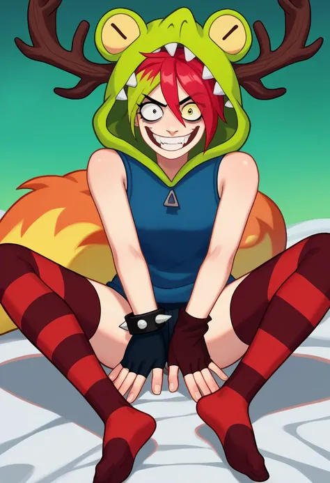  score_9,  score_8_arriba,  score_7_arriba,   source  _animated, Alone , 1 girl, dementia, crazy smile,  looking at the spectator, Doble V, multicolo red hair,  red hair,  Green hair, heterochromia,  yellow eyes, uneven sclera,  blue sweatshirt, Sleeveless...