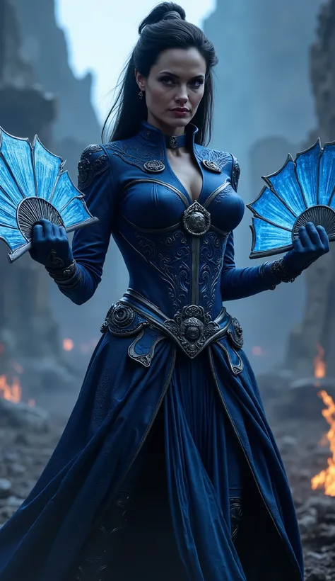 A breathtaking 8K ultra-realistic depiction of Angelina Jolie as Kitana, standing in a powerful battle stance with her iconic steel fans open in both hands, their razor-sharp edges reflecting the moonlight. She wears a meticulously detailed deep blue armor...