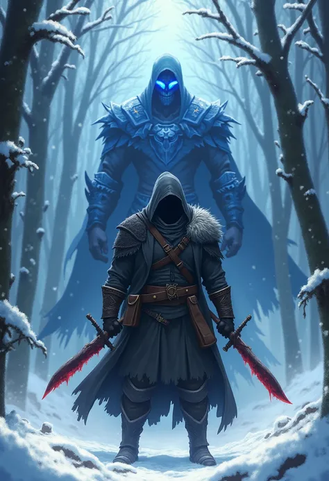 close-up view of a hunter standing wearing two blood red and brown daggers and a dark blue electric shadow knight behind him, in front of a snow covered forest, epic badass anime energy man, footage from the television anime Solo Leveling, featured footage...