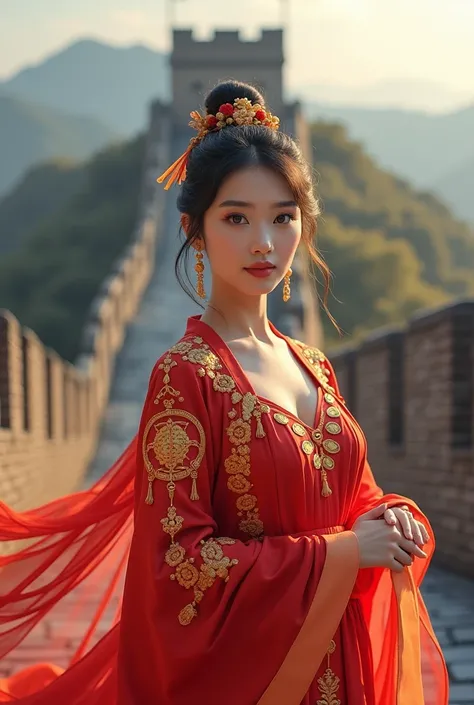 Goddesses of the People's Republic of China。1 person。Beautiful Goddess。I'm wearing a dress with the motif of the People's Republic of China。 model pose。With the Great Wall of China in the background