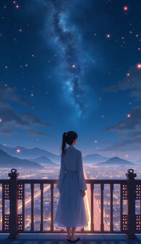 The girl stands on the balcony on the night of Sengchan and the stars are full of sky. 