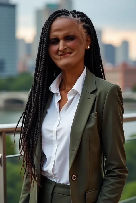 Photo for professional resume, photo in a dynamic environment, casual and formal clothing, Woman with brown skin, cabelo em box braids.