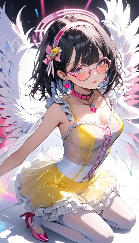 （ dark blue shorthair bob 、 bangs）（Height: 160cm）((The white headband has cute frills, the shiny white and yellow swimsuit has a large slit on the chest and lace-up with pink strings, the black and pink corset has a passionate design, and the collar is dec...